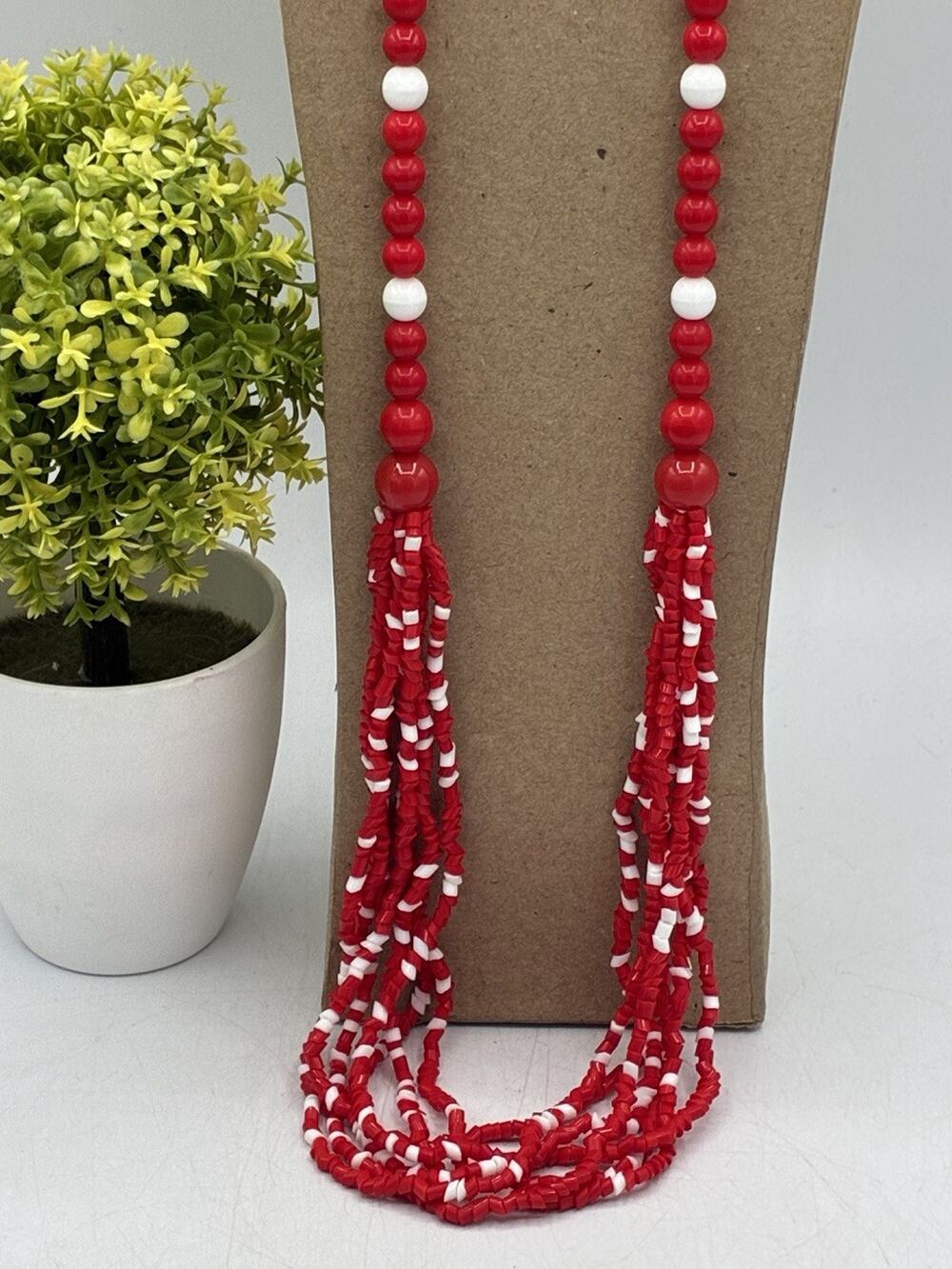 Vintage Red White Beaded Multi Strand Necklace 34” Statement Jewelry